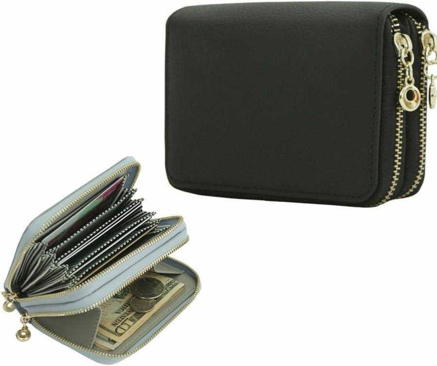 JNJSTELLA Genuine Leather Double Zip Around Credit Card Case Organizer Wallet Black | Card & ID Cases