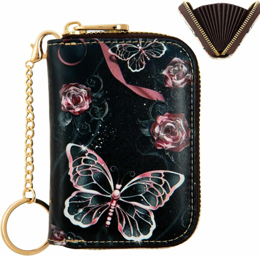 BECEERE Beceere Small Credit Card Wallet For Women, Rfid Blocking, Leather Zipper Card Holder, Accordion Keychain Wallet (Cats) | Card & ID Cases