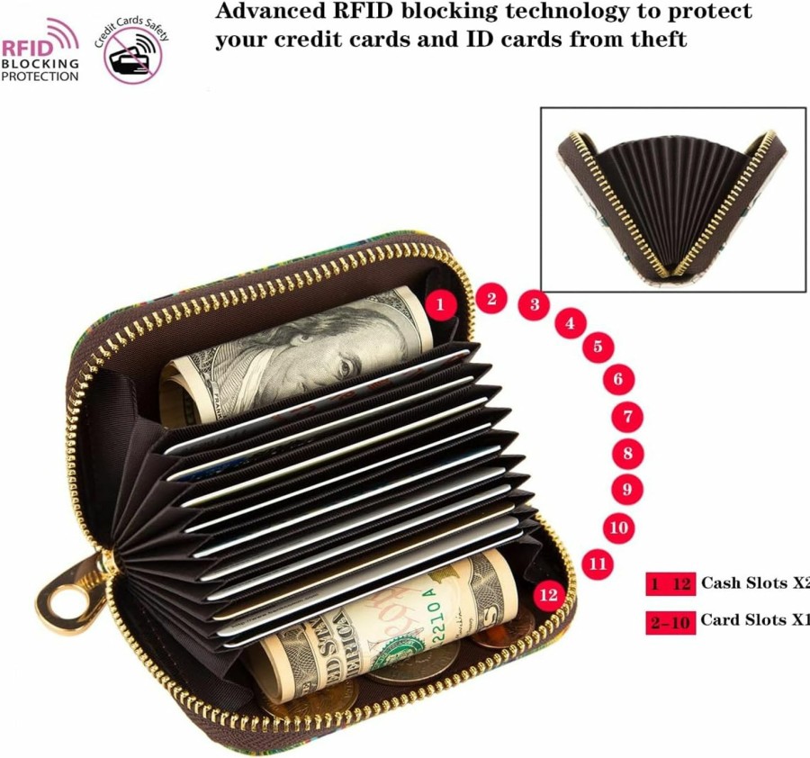 BECEERE Beceere Small Credit Card Wallet For Women, Rfid Blocking, Leather Zipper Card Holder, Accordion Keychain Wallet (Cats) | Card & ID Cases