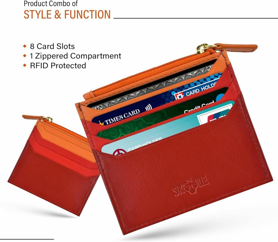 SKYLE Skyle Leather Small Wallet For Women, Rfid Protected 8 Card Slots Handcarry Card Case, Minimalist Pouch Credit Card Holder, Strong Zipper Coin & Cash Compartment | Card & ID Cases