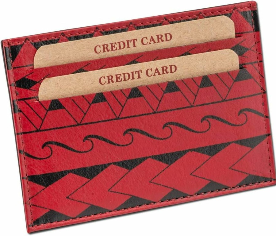 NA KOA Leather Credit Card Holder Super Slim Wallet With Polynesian Tattoo \"Loa\" Tattoo Art By Eugene Taase - Red From Nakoa | Card & ID Cases