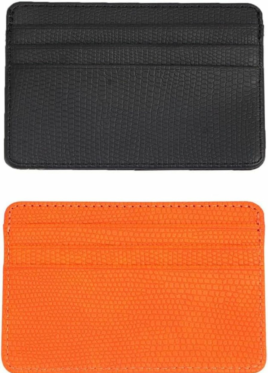 Pokinge Pokinge 2Pcs Slim Minimalist Wallet With 4 Card Slots, Mini Travel Lizard Texture Credit Card Holder, Pu Business Purse For Men & Women (Black, Orange) | Card & ID Cases