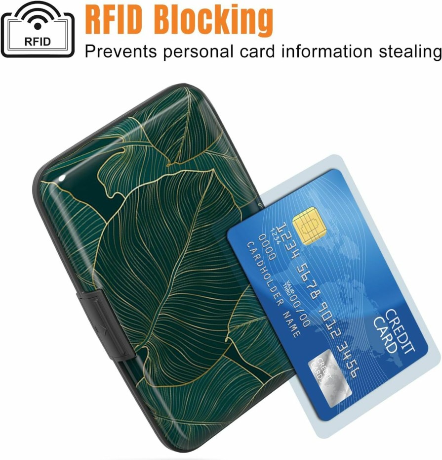 Rimilak Rimilak Aluminuml Credit Card Holder, Mini Credit Card Wallet Rfid Blocking Slim Metal Hard Case For Women Men, Green Plants | Card & ID Cases