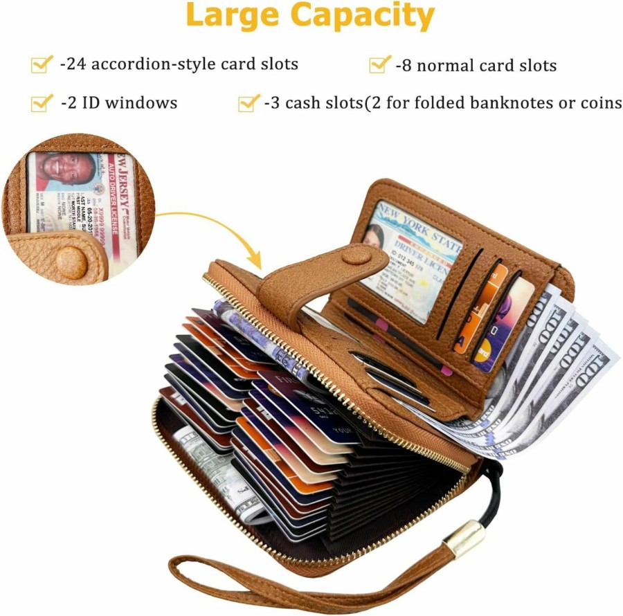 YUHAN PRETTY Yuhan Pretty Rfid Blocking Credit Card Holder Wallets For Women Large Capacity Wristlet Bifold Leather Card Case Organizer(Vintage Black) | Card & ID Cases