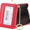 WAAYAA Waayaa Leather Card Holder Wallet, 20 Card Slots Rfid Blocking Zipper Card Case With Id Window & Detachable Keychain For Women - Lychee Pattern,Red | Card & ID Cases