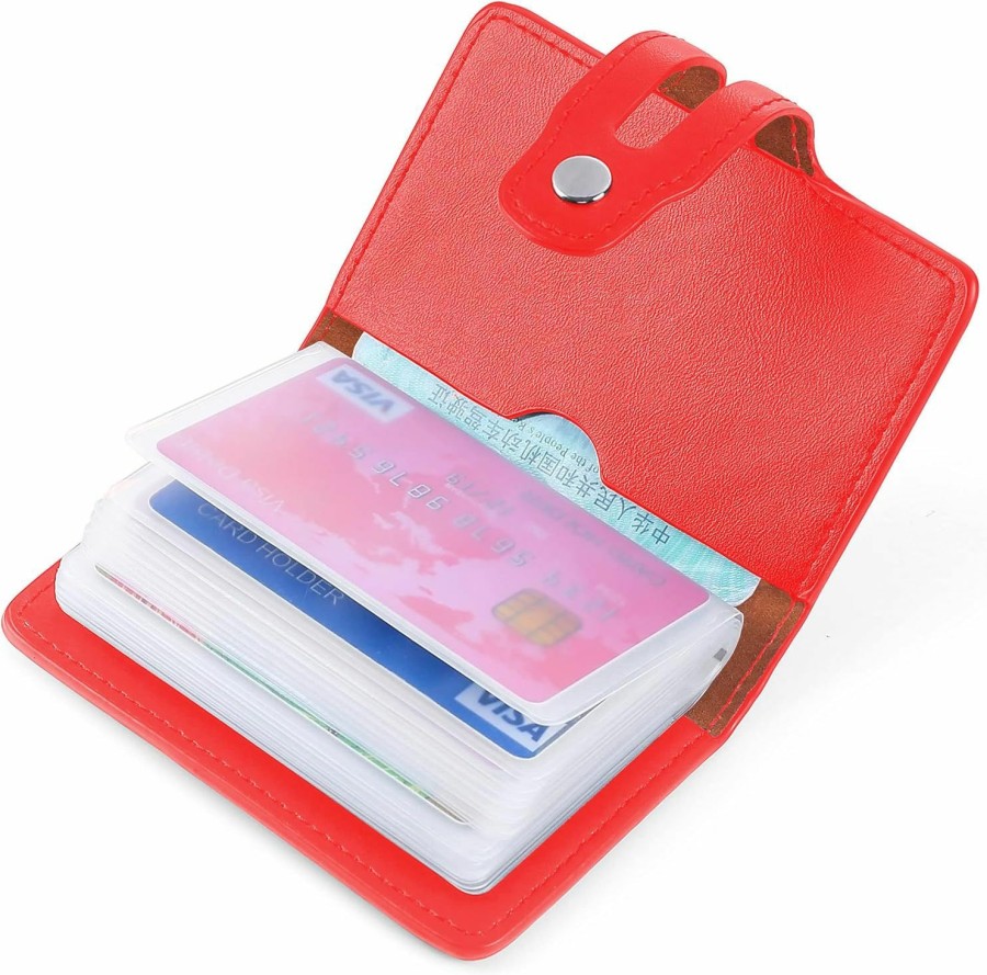 Romozi Rfid Credit Card Organizer Portable Credit Card Wallet Mini Business Card Holder With 20 Card Slots Leather Pocket Card Case Purse For Women (Red) | Card & ID Cases