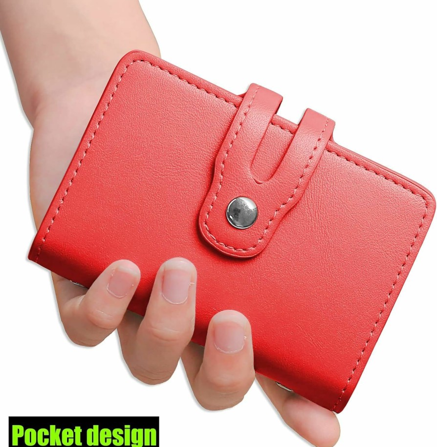 Romozi Rfid Credit Card Organizer Portable Credit Card Wallet Mini Business Card Holder With 20 Card Slots Leather Pocket Card Case Purse For Women (Red) | Card & ID Cases