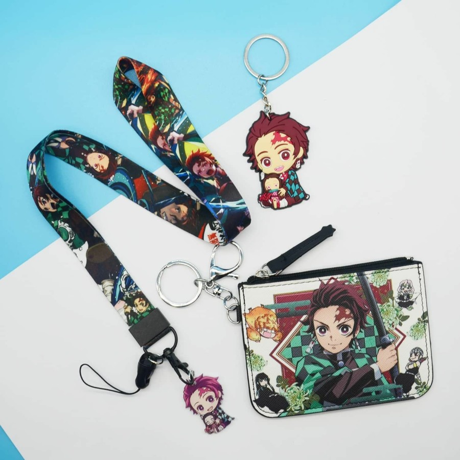 Rondlaho Demon Anime Tanjiro&Nezuko Badge Wallet With Lanyard And Keychain, Id Card Holder Purse Pouch With Lanyard Card Case Neck Pouch Wallet Durable Card Holder With Zippers For Students Teens Girls Boys | Card & ID Cases