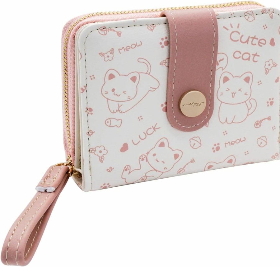 WisePoint Wisepoint Credit Card Wallet, Pu Leather Credit Card Holder Cute Card Holder Wallet With Handle And Cat Pattern, Multiple Card Slots Women'S Wallets For Card, Cash, Change (Pink) | Card & ID Cases