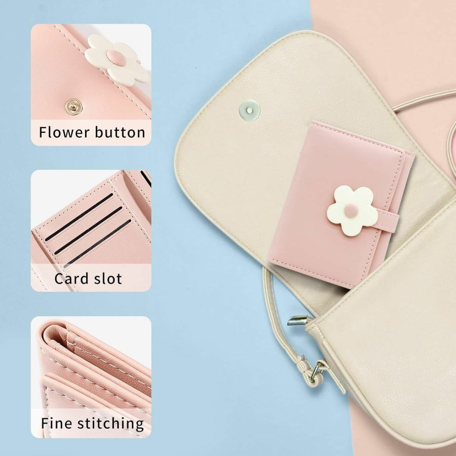 WisePoint Wisepoint Card Holder With Multi-Card Slot, Pu Leather Small Wallet For Women And Girls, Mini Credit Card Holder With Flower Snap For Working, Travel, Shopping, Dating (Pink) | Card & ID Cases