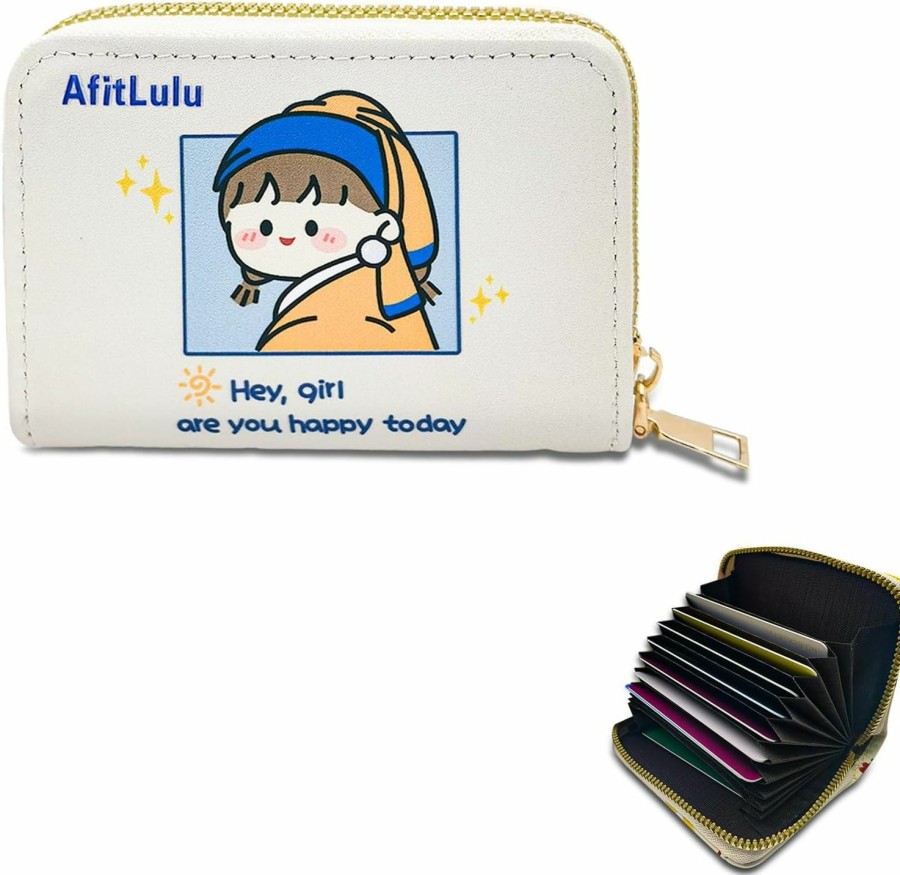 AfitLulu Afitlulu Accordion Credit Card Wallets For Women, Cute Cartoon Style Card Organizer Case 11 Individual Card Slots, Zip-Around Leather Credit Card Holder (Pearl Lady) | Card & ID Cases