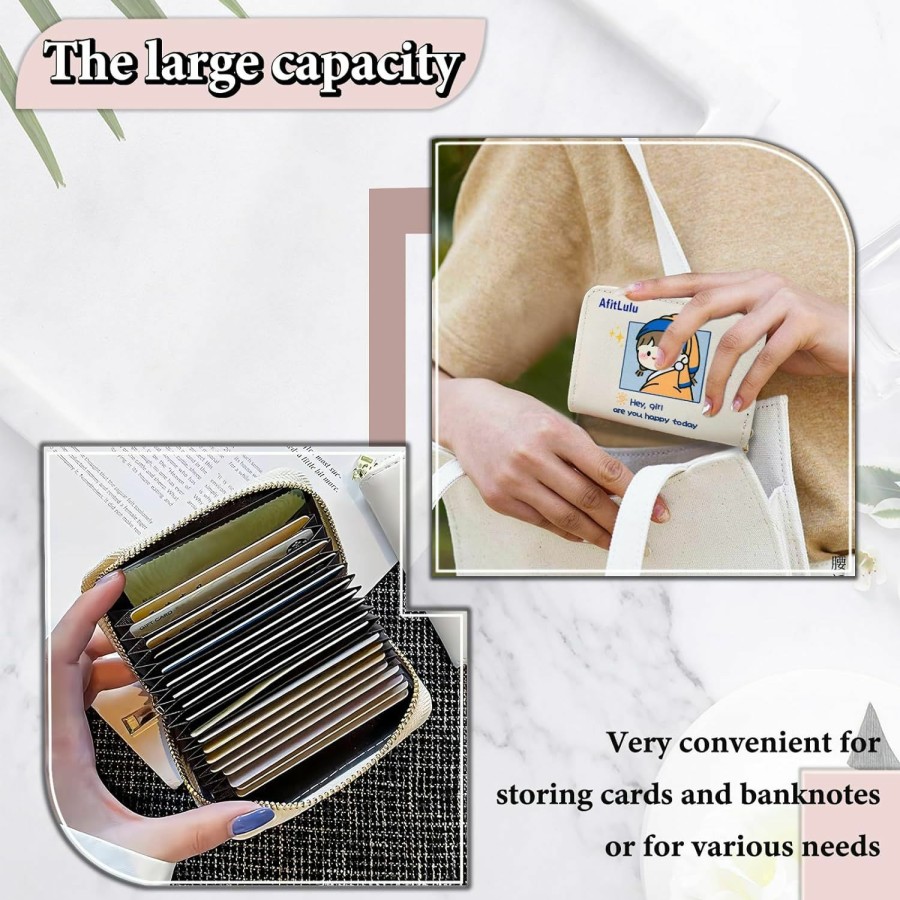 AfitLulu Afitlulu Accordion Credit Card Wallets For Women, Cute Cartoon Style Card Organizer Case 11 Individual Card Slots, Zip-Around Leather Credit Card Holder (Pearl Lady) | Card & ID Cases