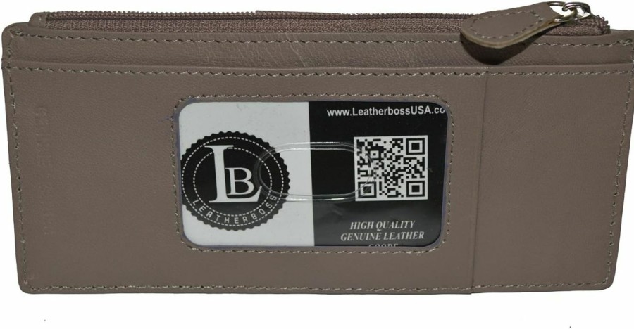 LB LEATHERBOSS Leatherboss Genuine Leather Women'S All In One Credit Business Card Case Holder Slim Zipper Wallet With A Card Protection Strap, Black | Card & ID Cases