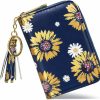 Qviskteme Qviskteme Rfid Blocking Leather Womens Wallet Coin Purse Keychain Wallet Zipper Business Card Cases,Pu Leather Small Credit Card 12 Card Slots Travel Mini Bags With Tassel【-Blue Sunflower】 | Card & ID Cases