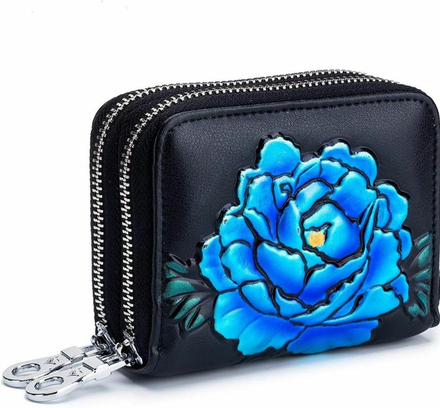 BAKUN Bakun Flower Leather Business Credit Card Wallet Holder Case Name Card Holder Leather Id Case Holder Security Travel Wallet(Blue) | Card & ID Cases