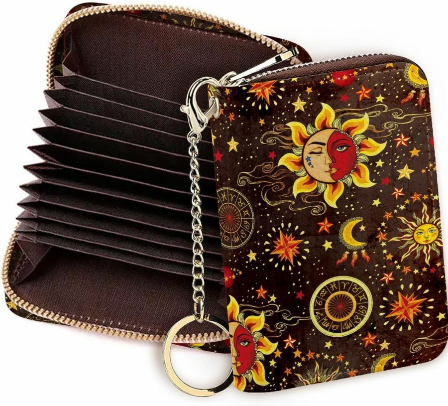 WIRESTER Wirester Pu Leather Mini Purse Credit Card Holder Wallet, Rfid Blocking Card Holder, Zipper Keychain Card Wallet Organizer Case For Women - Celestial Sun Moon And Stars | Card & ID Cases