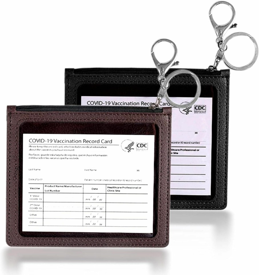 Yolonce Yolonce 2Pcs Handmade Leather Vaccine Card Case Protector With Functional Zipper Pouch & Keychain,Vaccination Card Protector 4 X 3 Inches With Transparent Clear Window (Brown&Black) | Card & ID Cases