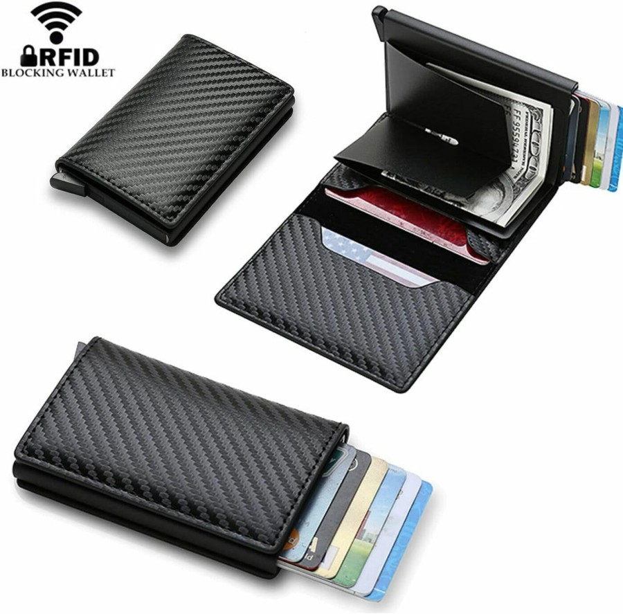 Generic Slim Carbon Fiber Pop Up Wallet - Rfid Metal Credit Card Holder - Microfiber Leather Card Case Minimalist Design | Card & ID Cases