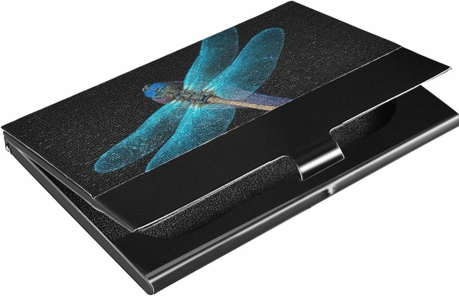 OTVEE Otvee Glow Blue Dragonfly Business Card Holder, Leather Coated Stainless Steel Name Credit Card Case Wallet | Card & ID Cases