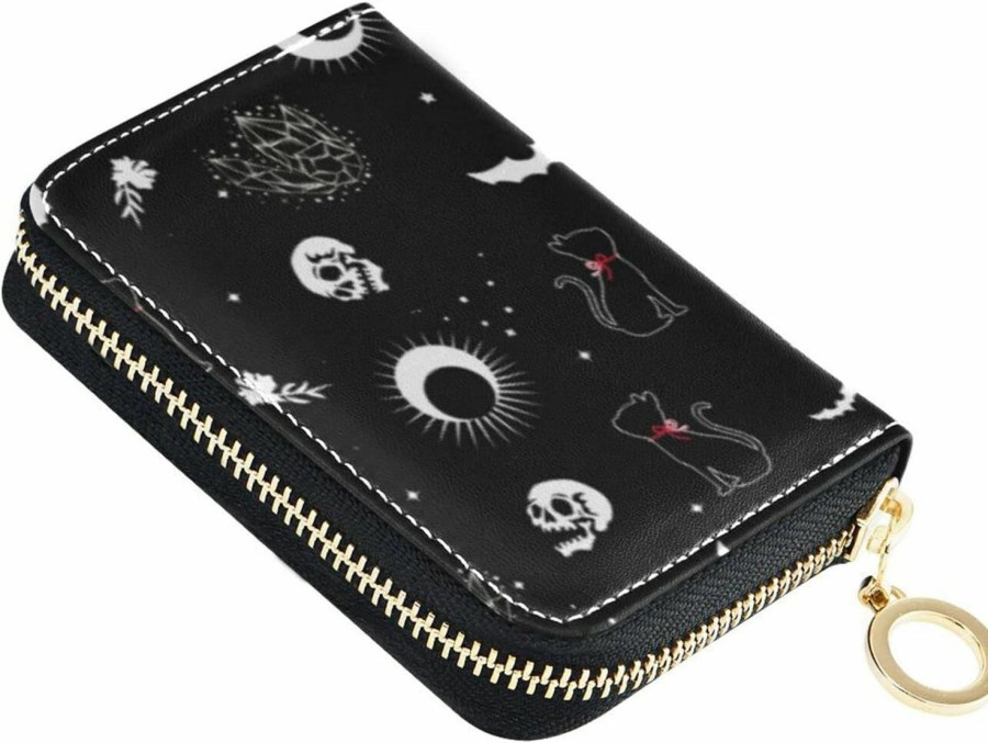 NCRJCZQL Ncrjczql Goth Bat Flowers Rfid Credit Card Holder Wallets Accordion For Women Leather Zipper Card Case Accordion Wallet For Ladies Girls | Card & ID Cases