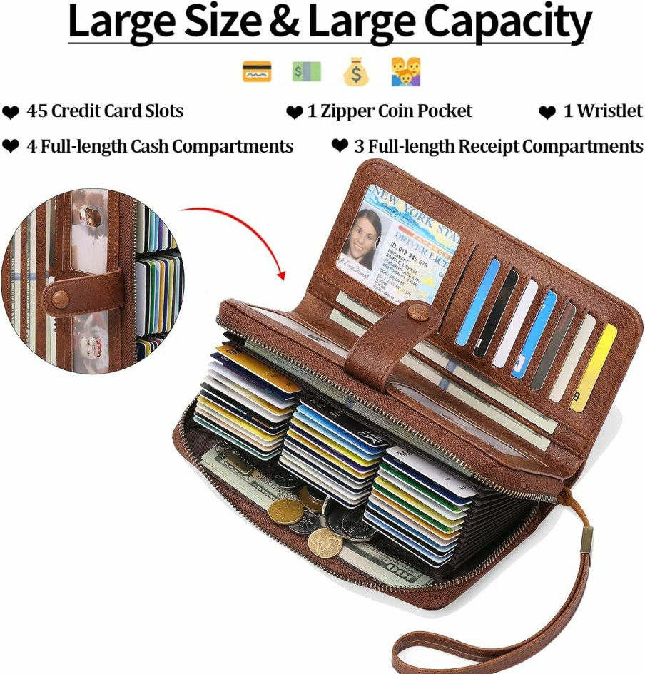 GAEKEAO Gaekeao Leather Credit Card Holder Wallet For Women Rfid Blocking Large Capacity Bifold Zipper Card Case Organizer With Wristlet 45 Slots | Card & ID Cases