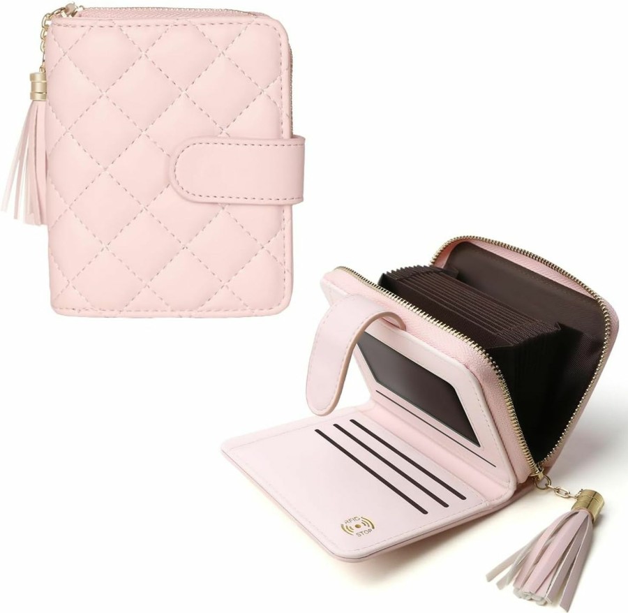 Lychii Lychii Credit Card Wallet For Women, Quilting Leather Card Holder With Rfid Blocking, Zipper Card Cases With Zipper Coin Pocket & Id Window - Pink | Card & ID Cases