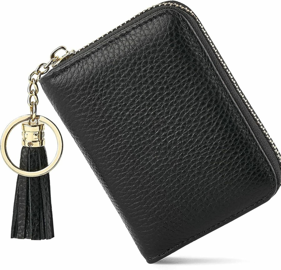 Mkono Mkono Credit Card Holder, Small Rfid Card Wallet With Keychain Zipper And Tassel For Women Slim Leather Card And Money Organizer Case, Black | Card & ID Cases