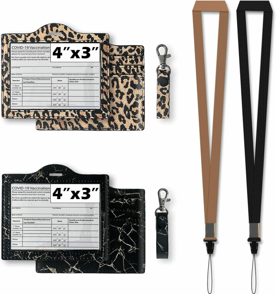 ZIAKEAU 2 Pack Cdc Vaccine Card Holder Vaccination Card Protector 4X3 Pu Leather Pocket Card Wallet For Men Women With Lanyard Keychain(Leopard,Black Marble) | Card & ID Cases