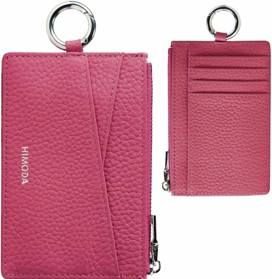 HIMODA Himoda Slim Card Wallet With Keychain, Hot Pink Real Leather Credit Card Holder For Women, Small Front Pocket Wallets, Thin Card Case With Coin Pouch, Minimalist & Compact | Card & ID Cases