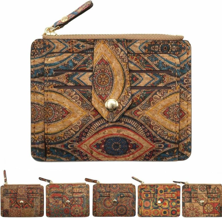 Zyrurzo Zyrurzo Retro Vintage Card Organizer, Bohemian Style Unique Pattern Wallet Credit Card Holder Brown Thin Wallet With Zipper Pocket And 9 Slots Women Men | Card & ID Cases