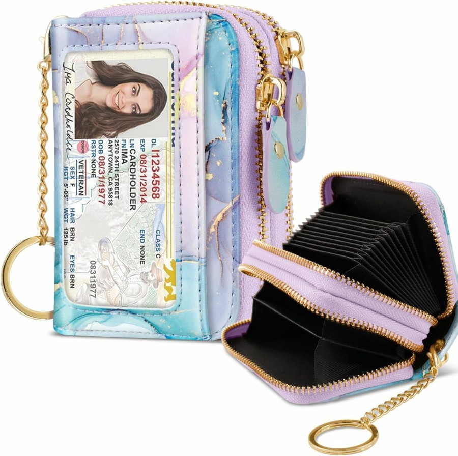 Simikol Simikol Credit Card Holder Glitter Shining Leather Small Cute Double Zipper Card Wallet For Women With Keychain,Gradient Marble | Card & ID Cases