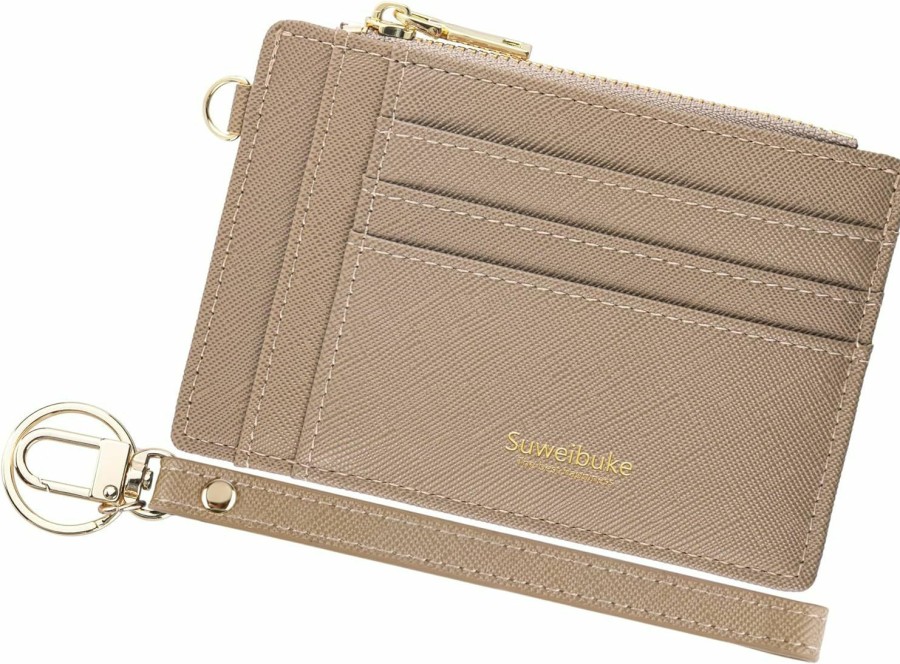 Wikavanli Wikavanli Women Slim Rfid Blocking Credit Card Case Holder Wristlet Zip Id Case Wallet Small Compact Leather Wallet Coin Purse With Keychain (Khaki) | Card & ID Cases