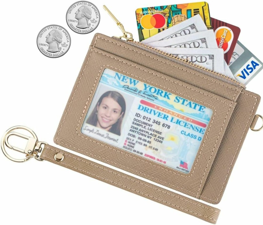 Wikavanli Wikavanli Women Slim Rfid Blocking Credit Card Case Holder Wristlet Zip Id Case Wallet Small Compact Leather Wallet Coin Purse With Keychain (Khaki) | Card & ID Cases