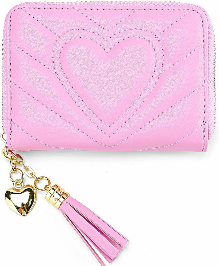 AUNER LEATHER Auner Leather Quilted Leather Heart Credit Card Holder, Cute Small Zipper Rfid Blocking Card Case Wallet For Women Girls, Pink | Card & ID Cases