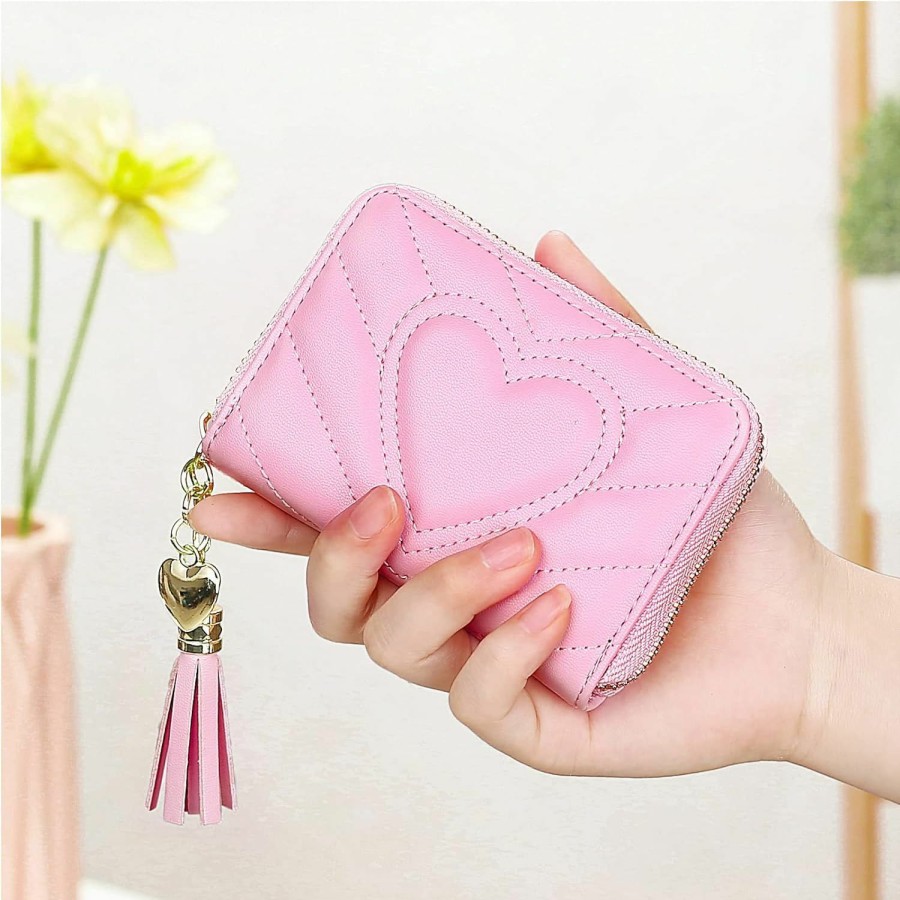 AUNER LEATHER Auner Leather Quilted Leather Heart Credit Card Holder, Cute Small Zipper Rfid Blocking Card Case Wallet For Women Girls, Pink | Card & ID Cases