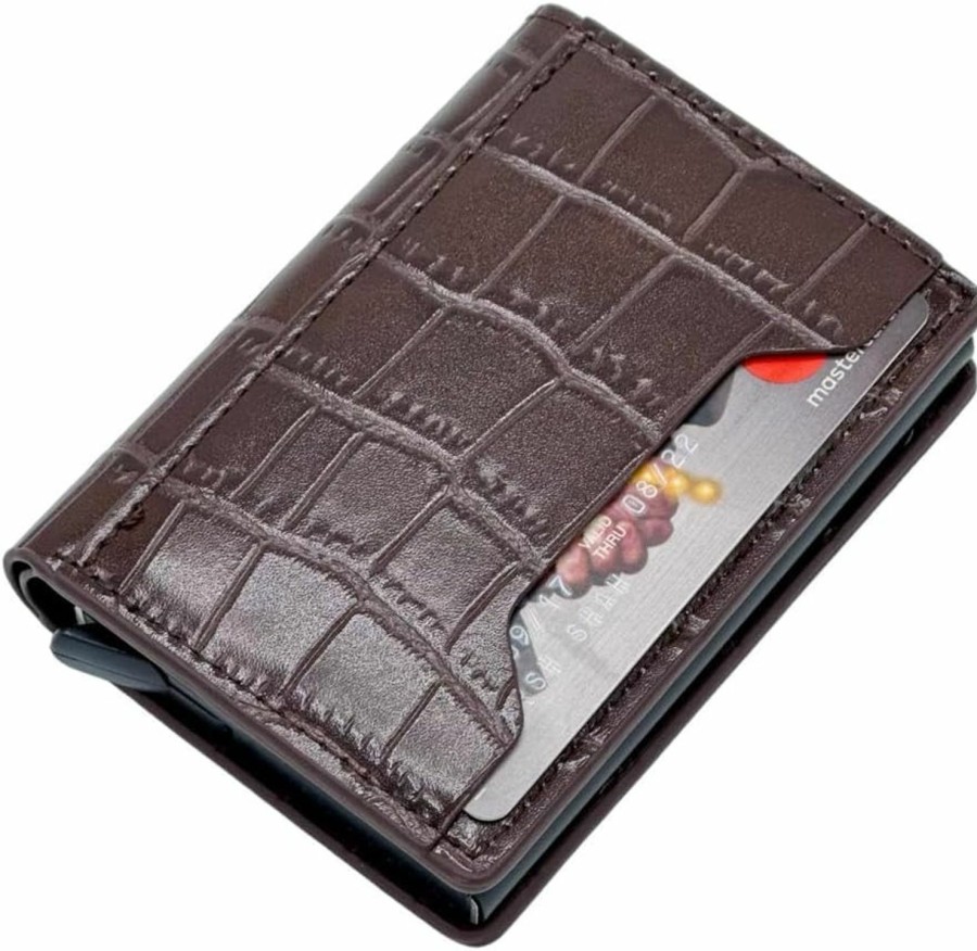 Generic Soft Pu Leather Textured Wallet Aluminum Magnetic Slots Automatic Pop-Up Card Case Rfid Blocking Metal Card Holder (Brown) | Card & ID Cases