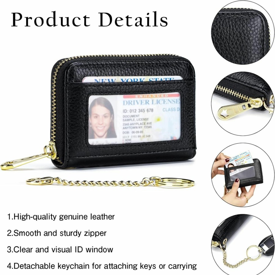 imeetu Imeetu Rfid Credit Card Holder Wallet With Keychain & Id Window Small Leather Zipper Card Case For Women (Vertical 12 Slots, Black) | Card & ID Cases