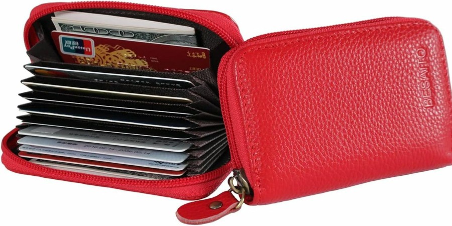 BESAITO Besaito Cute Genuine Leather Rfid Blocking Credit Card Holder Wallet With Zipper, Small Card Case For Women Or Men | Card & ID Cases