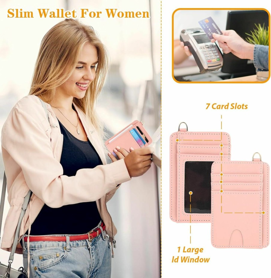 Giantree Giantree Slim Minimalist Front Pocket Wallet, Slim Wallet Credit Card Holder With Id Window D-Shackle Keychain Removable Lanyard Strap For Women And Men(Black) | Card & ID Cases