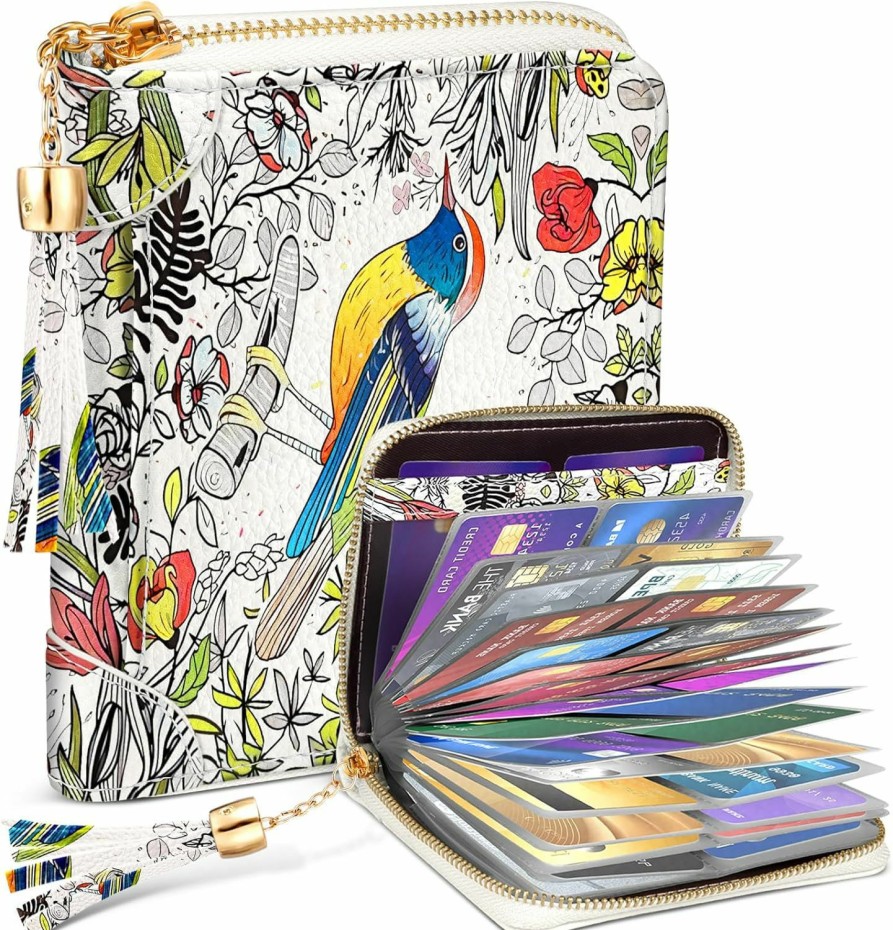 Bistup Bistup 40 Slots Credit Card Holder For Women Girls Cute Rfid Blocking Card Organizer Leather Cardholder Protector For Lady Female Large Capacity Size Big Zipper Wallet Bird Flower Aesthetic Unique | Card & ID Cases