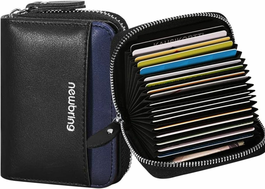 NEW-BRING New-Bring Credit Card Holder, Rfid Blocking Card Case, Leather Case With Keychain, Slim Wallet For Women And Men, Black (18 Card Slots + 2 Id Windows) | Card & ID Cases