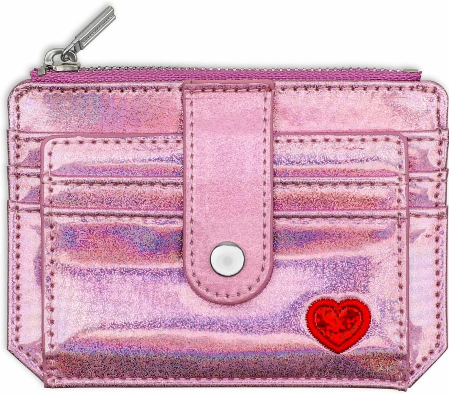 Hariendny Laser Pink Rfid Blocking Coin Purse With Zipper, Glitter Girl Pocket Wallet Card Holder Wallet For Girls Women, Mini Front Pocket Wallet With Red Heart Pattern | Card & ID Cases