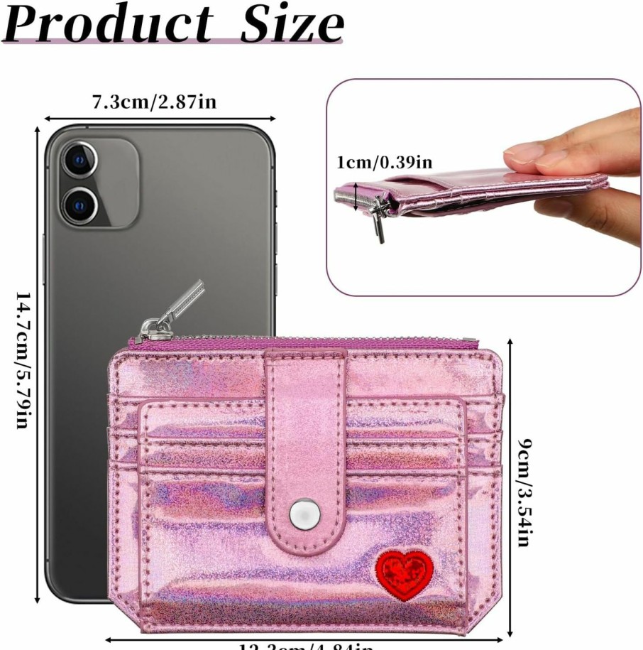 Hariendny Laser Pink Rfid Blocking Coin Purse With Zipper, Glitter Girl Pocket Wallet Card Holder Wallet For Girls Women, Mini Front Pocket Wallet With Red Heart Pattern | Card & ID Cases