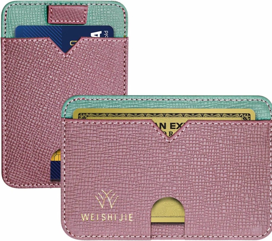 WEI SHI JIE Weishijie Card Case For Men Women, Genuine Leather Card Cash Wallet, Pocket Size Rfid Blocking Card Holders (Blue/Hot Pink) | Card & ID Cases