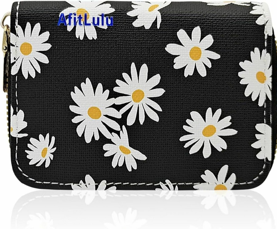 AfitLulu Afitlulu Credit Card Holder For Women, Rfid-Blocking Card Holder Wallet With Zipper 11Slots Daisy Womens Card Organizer (Black) | Card & ID Cases