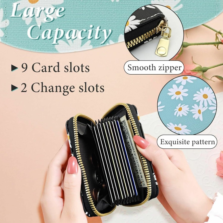 AfitLulu Afitlulu Credit Card Holder For Women, Rfid-Blocking Card Holder Wallet With Zipper 11Slots Daisy Womens Card Organizer (Black) | Card & ID Cases