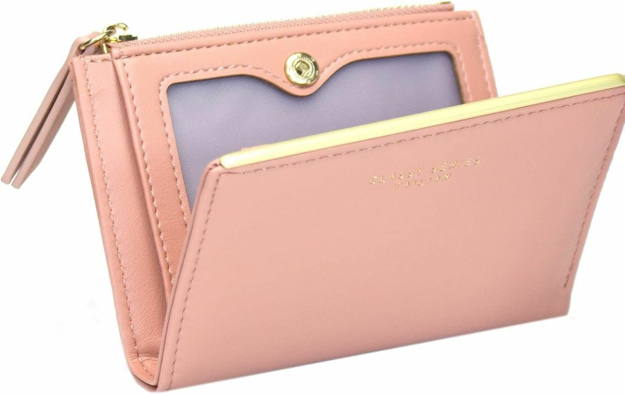 SUMGOGO Sumgogo Small Wallet For Women Slim Bifold Card Holder Minimalist Tassel Zipper Coin Pocket (1-Pink) | Card & ID Cases