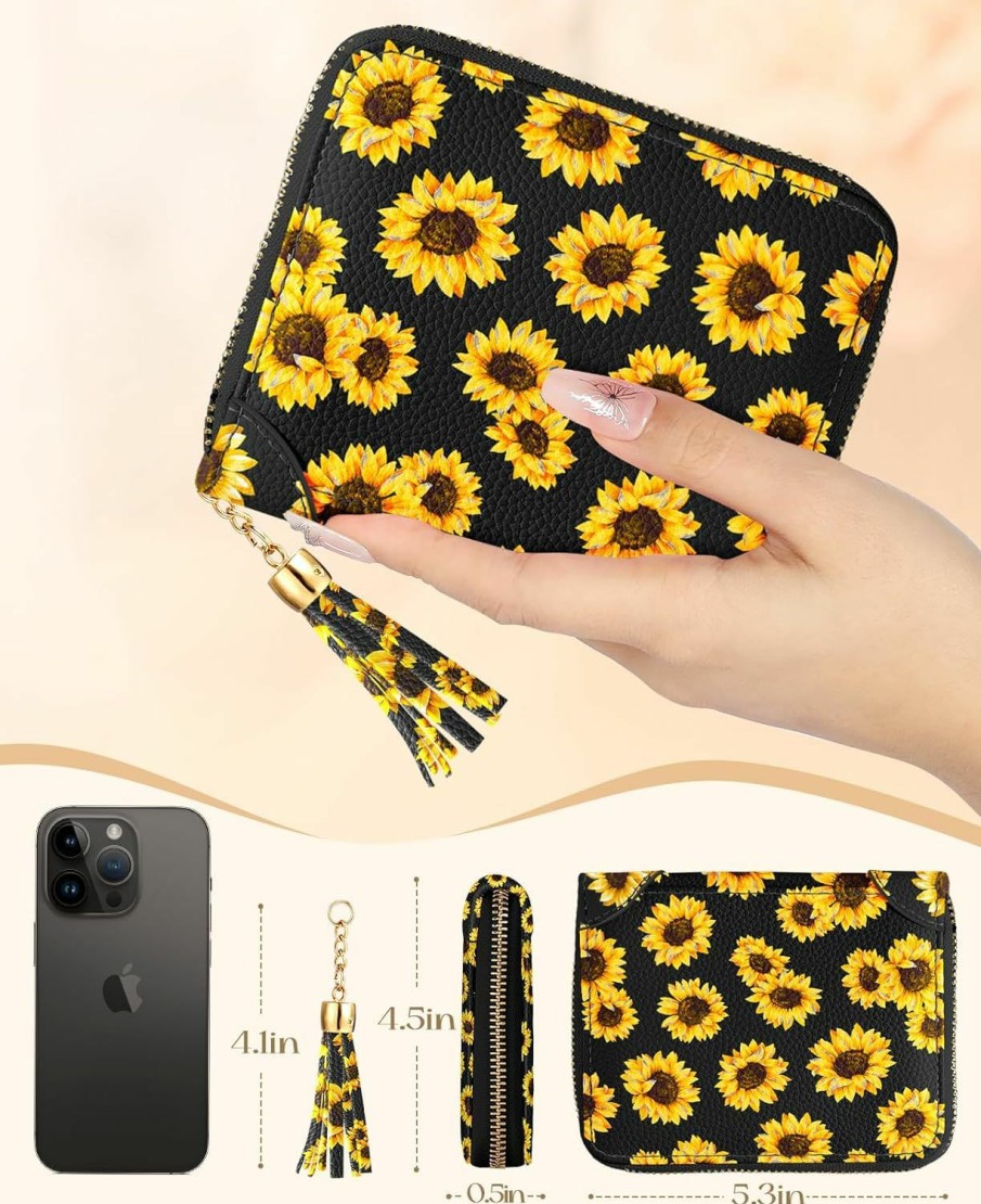 Bistup Bistup 40 Slots Credit Card Holder For Women Girls Cute Rfid Blocking Card Organizer Leather Cardholder Protector For Lady Female Large Capacity Size Big Zipper Wallet Black Sunflower Aesthetic | Card & ID Cases