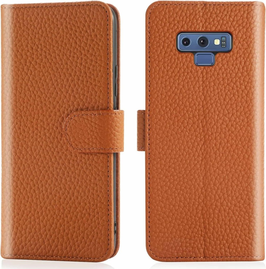 OQQE Oqqe For Samsung Galaxy Note 9 Wallet Case [Rfid Blocking] Cowhide Genuine Leather Flip Folio Book Cover Credit Card Holder 3 Card Slot [Kickstand Function] Men Women (Light Brown) | Card & ID Cases