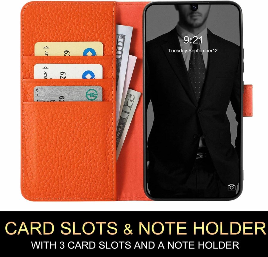 OQQE Oqqe For Samsung Galaxy Note 9 Wallet Case [Rfid Blocking] Cowhide Genuine Leather Flip Folio Book Cover Credit Card Holder 3 Card Slot [Kickstand Function] Men Women (Light Brown) | Card & ID Cases